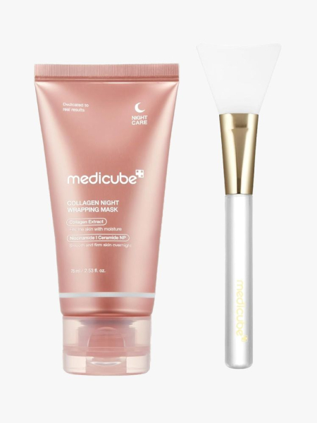 Medicube Collagen Night Wrapping Peel Off Facial Mask in branded tube component with brush on a light gray background