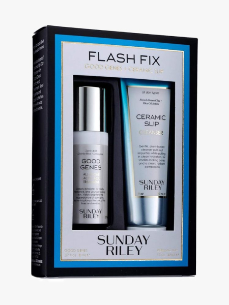 Sunday Riley Flash Fix in branded components on a light gray background