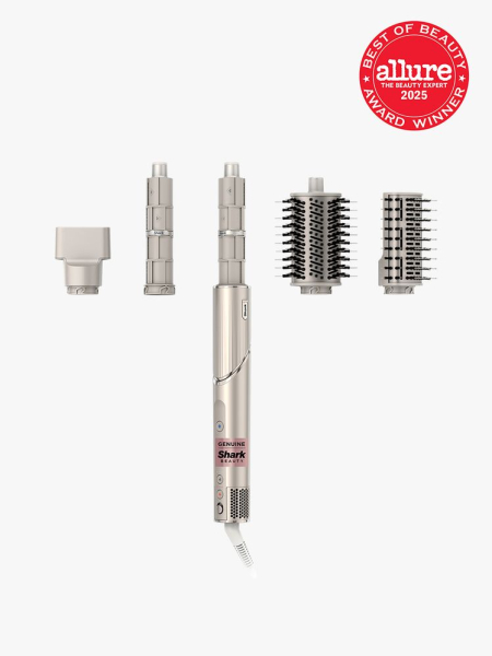 Shark Beauty FlexStyle Air Styling & Drying System in branded silver gold color way on light gray background with red Allure Best of Beauty seal in the top right corner