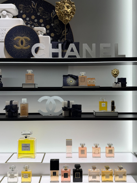 wall of perfumes at the Chanel store