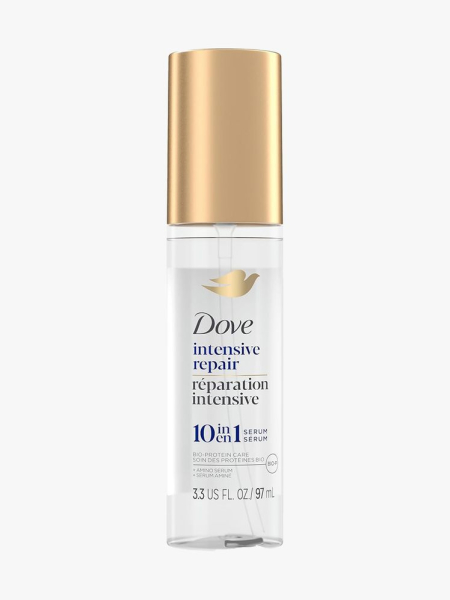 Dove Intensive Repair 10-in-1 Serum bottle of serum with gold cap on light gray background