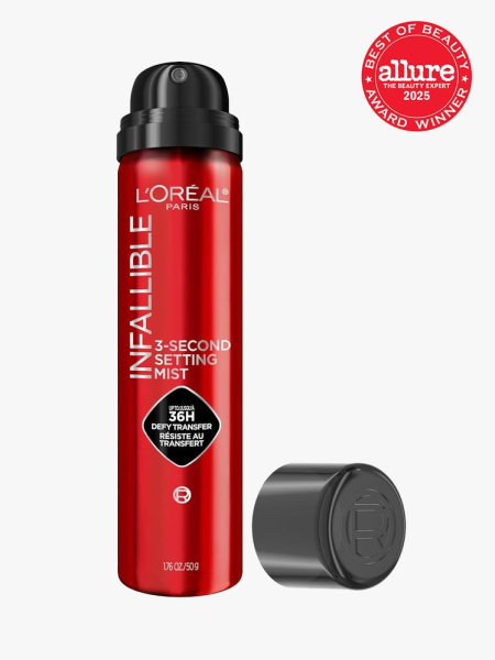 Loreal Paris Infallible 3-Second Setting Spray Mist in branded component on a light gray background with best of beauty seal in the top right corner